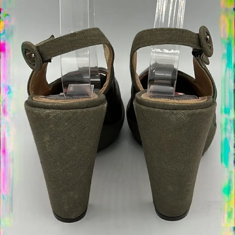 Marni Green Canvas & Brown Leather Peep Toe Slingback Platform Heels EU 40 US 10